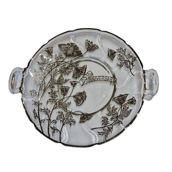 25th Anniversary Platter Handled Plate Silver Overlay Flowers Wedding - Picture 2 of 15